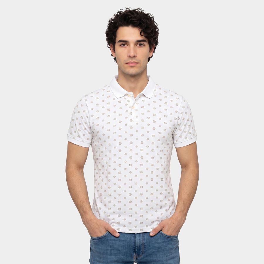 Men's White Cotton Polo Neck Printed T-Shirt, White, large