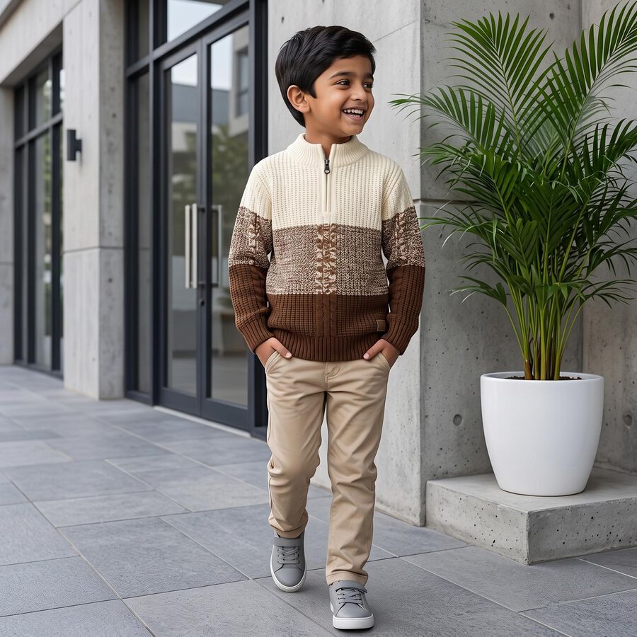Boys' Brown Zip Neck Colorblock Pullover, Brown, large