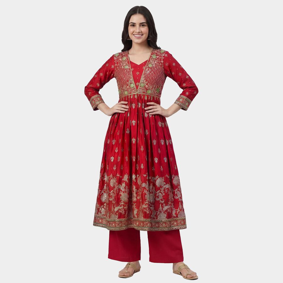 Women's Fuchsia Notch Neck Geometric Printed Kurta, रानी (फ्यूशिया), large