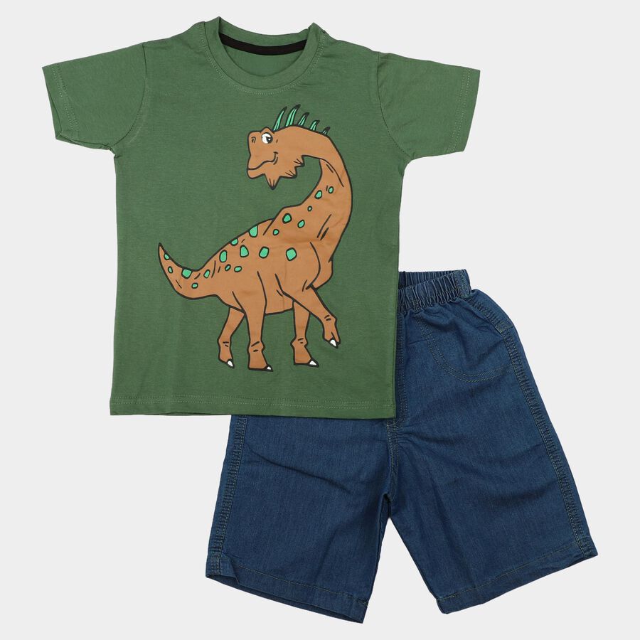 Boys Olive Green 100% Cotton Round Neck Graphic Print Baba Suit, Olive, large