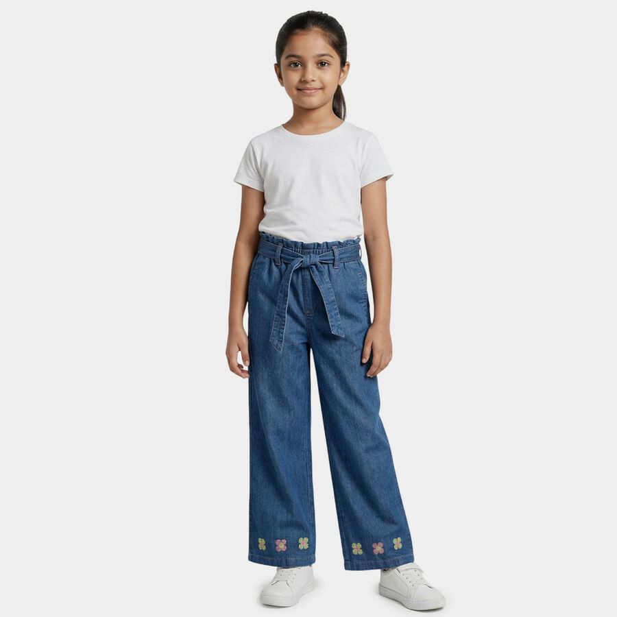 Girls' Mid Blue Regular Fit Jeans, मध्यम नीला, large