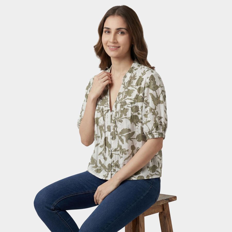 Women's Green Cotton Mandarin Collar Casual Shirt, Light Green, large