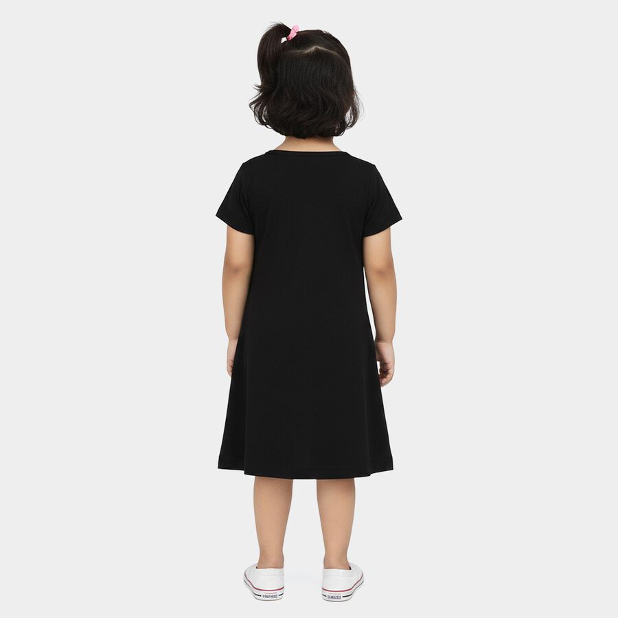 Girls' Black A-Line Unicorn Print Heart Patch Frock, काला, large