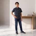 Boys Navy Blue Cotton Short Sleeves Spread Collar Shirt, Navy Blue, small