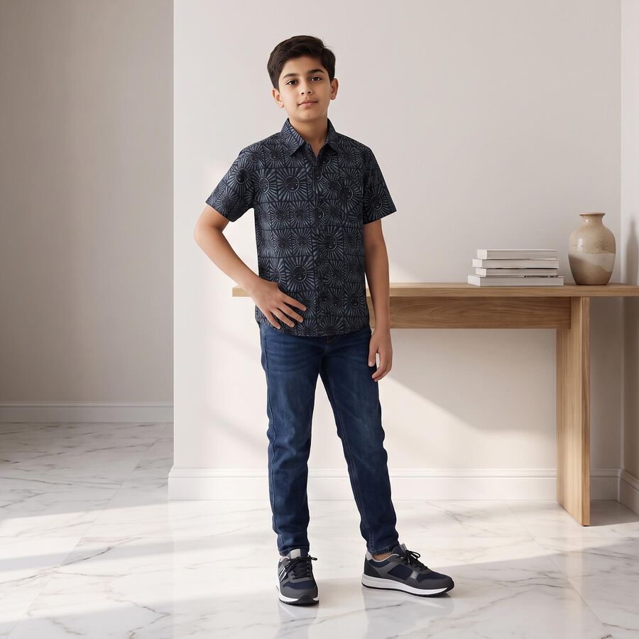 Boys Navy Blue Cotton Short Sleeves Spread Collar Shirt, Navy Blue, large
