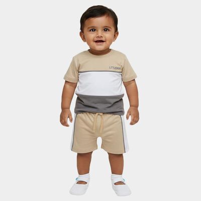 Infants' Beige Cotton Round Neck Printed Baba Suit