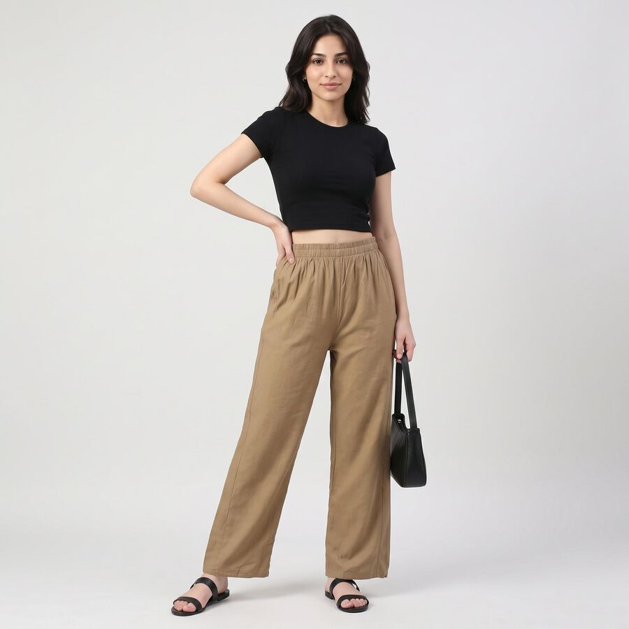 Women's Beige Regular Fit Solid Palazzos, खाकी, large