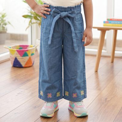 Girls Blue Wide Leg Embroidered Jeans