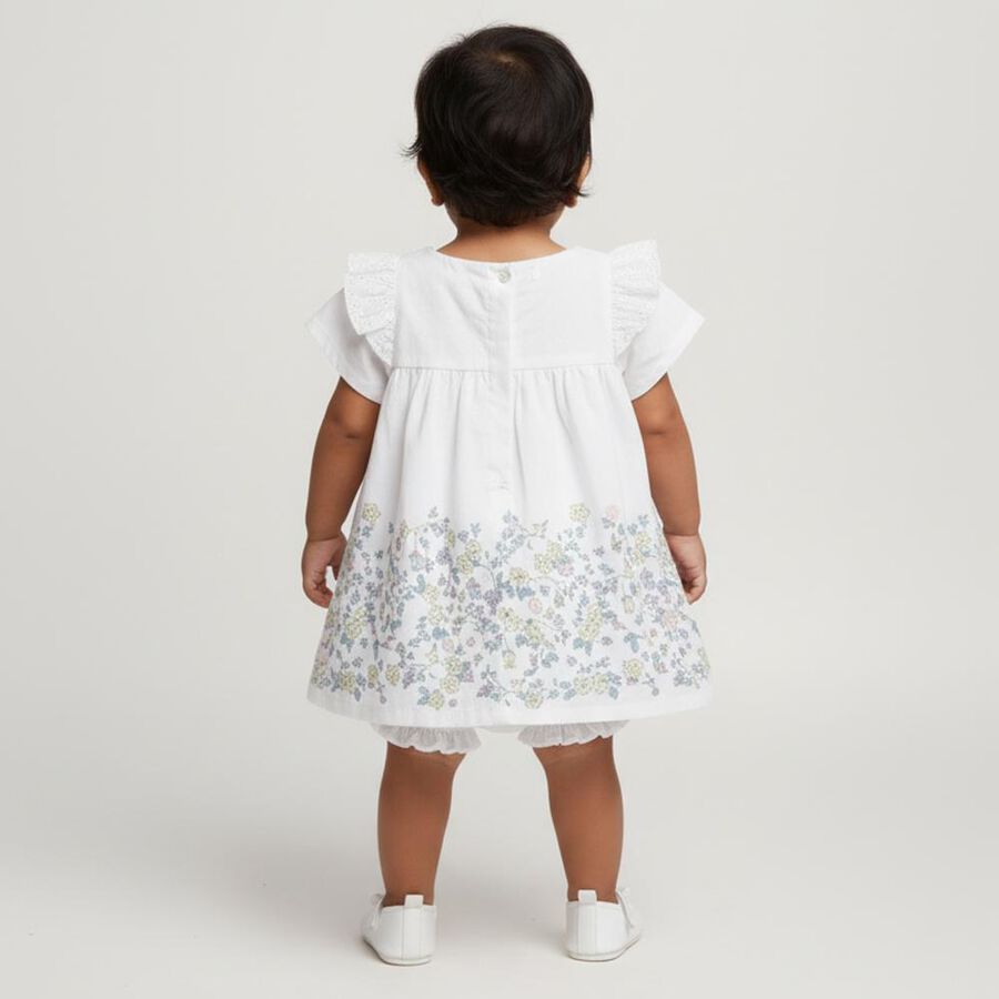 Infants' Bright White Floral Printed Cotton Frock, सफ़ेद, large image number null