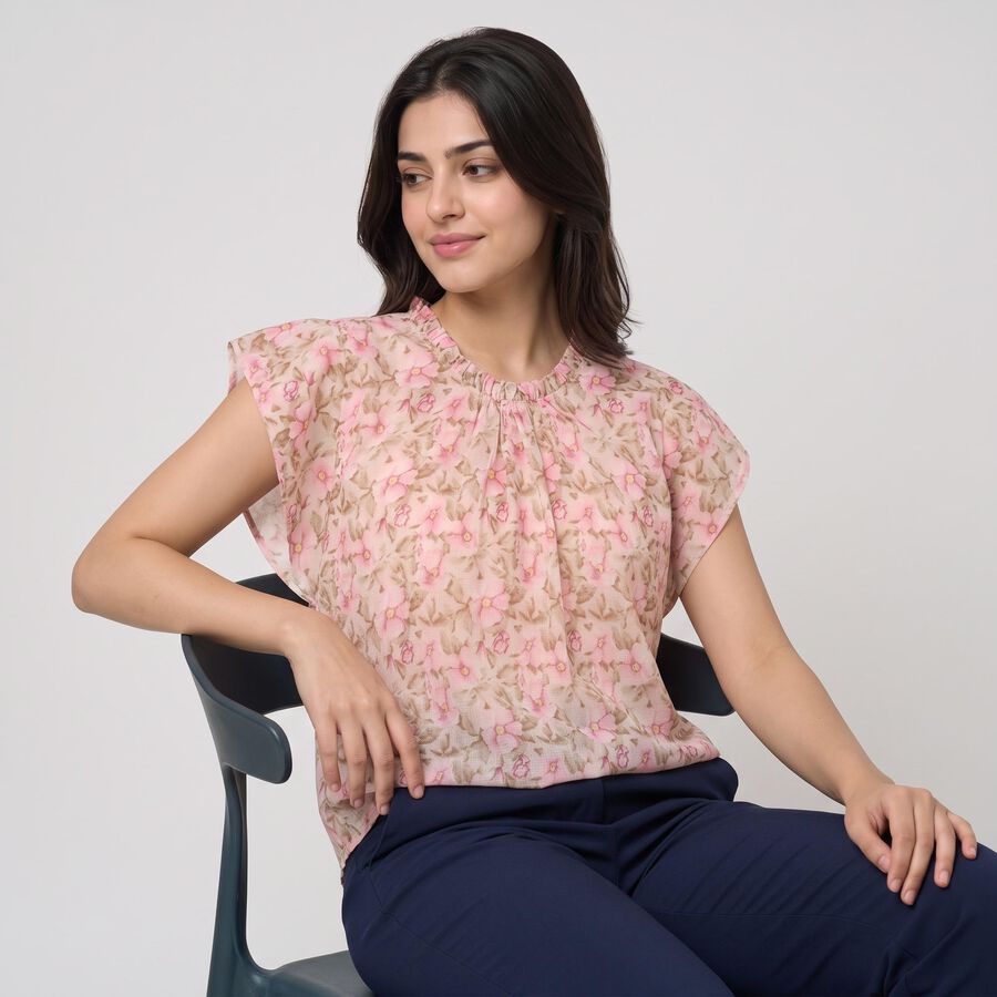 Women's Pink Round Neck Regular Top, गुलाबी, large