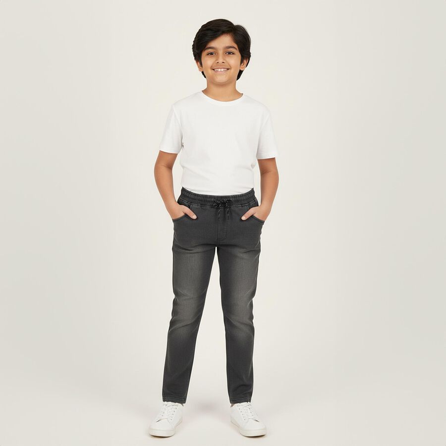 Boys' Charcoal Black Slim Fit Elastic Waist Jeans, हल्का ग्रे, large image number null