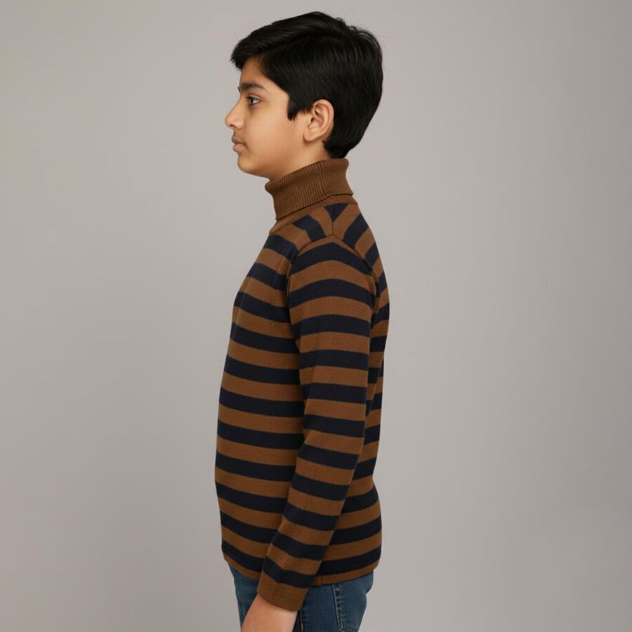 Boys Dark Brown and Navy Blue Turtleneck Casual Pullover, Brown, large image number null