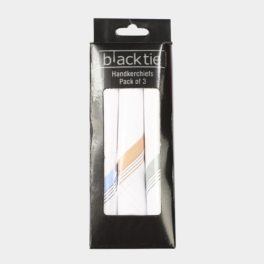 Men's White Striped Pack of 3 Handkerchief, White, large