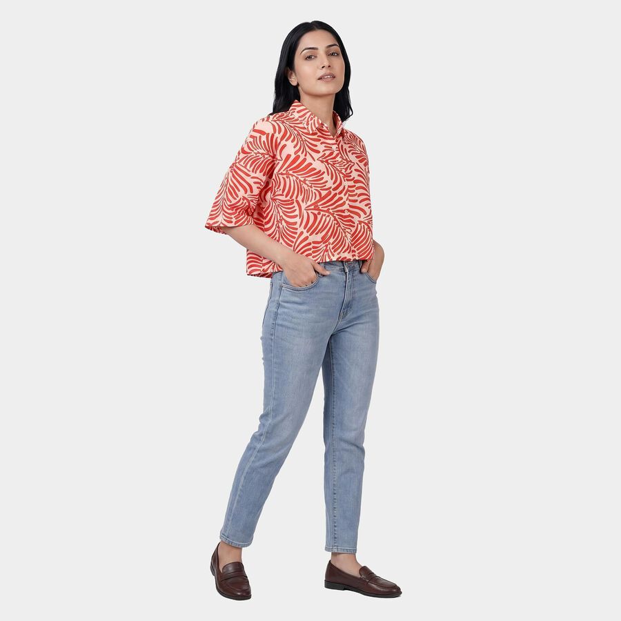 Women's Red Classic Collar Floral Printed Casual Shirt, Red, large