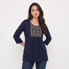Women's Navy Blue Round Neck Embroidered Kurti, Navy Blue, small