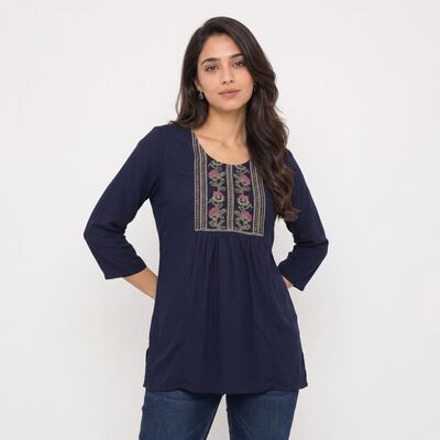 Women's Navy Blue Round Neck Embroidered Kurti