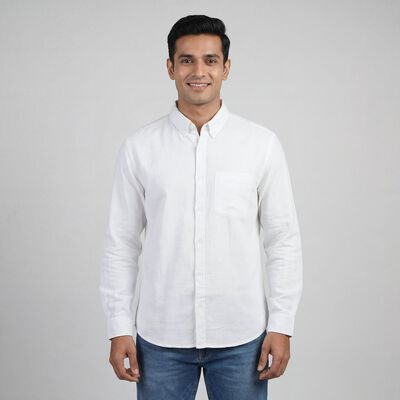 Men's White Cotton Spread Collar Classic Casual Shirt