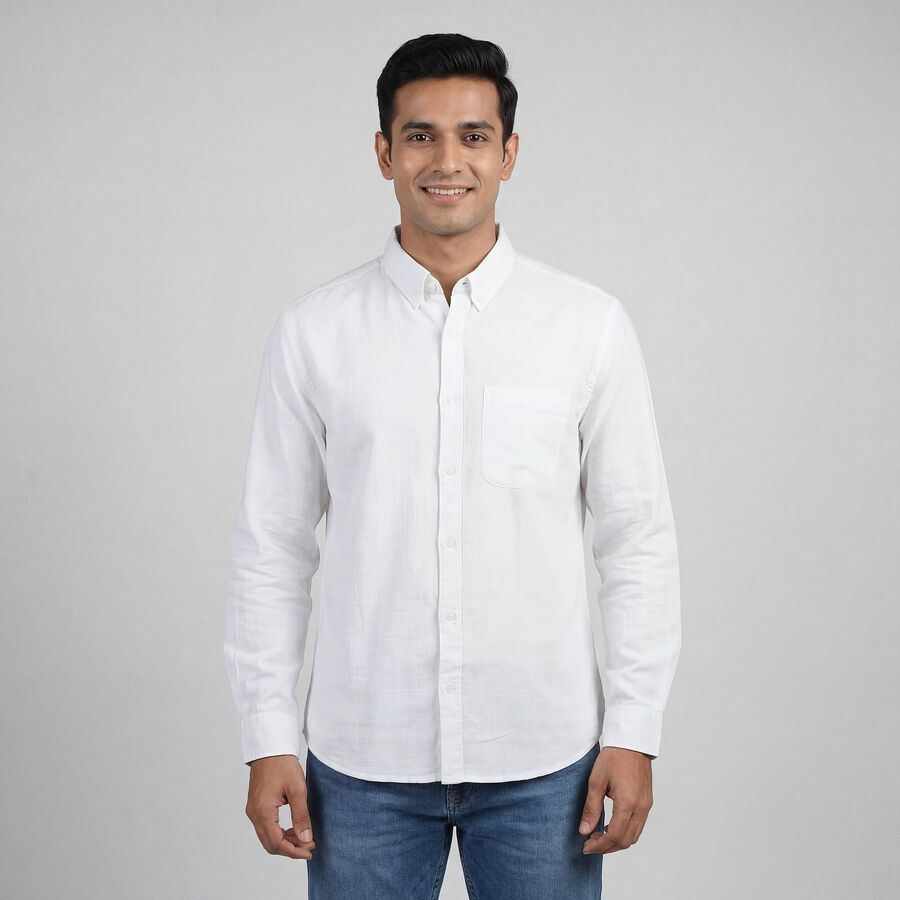 Men's White Cotton Spread Collar Classic Casual Shirt, White, large