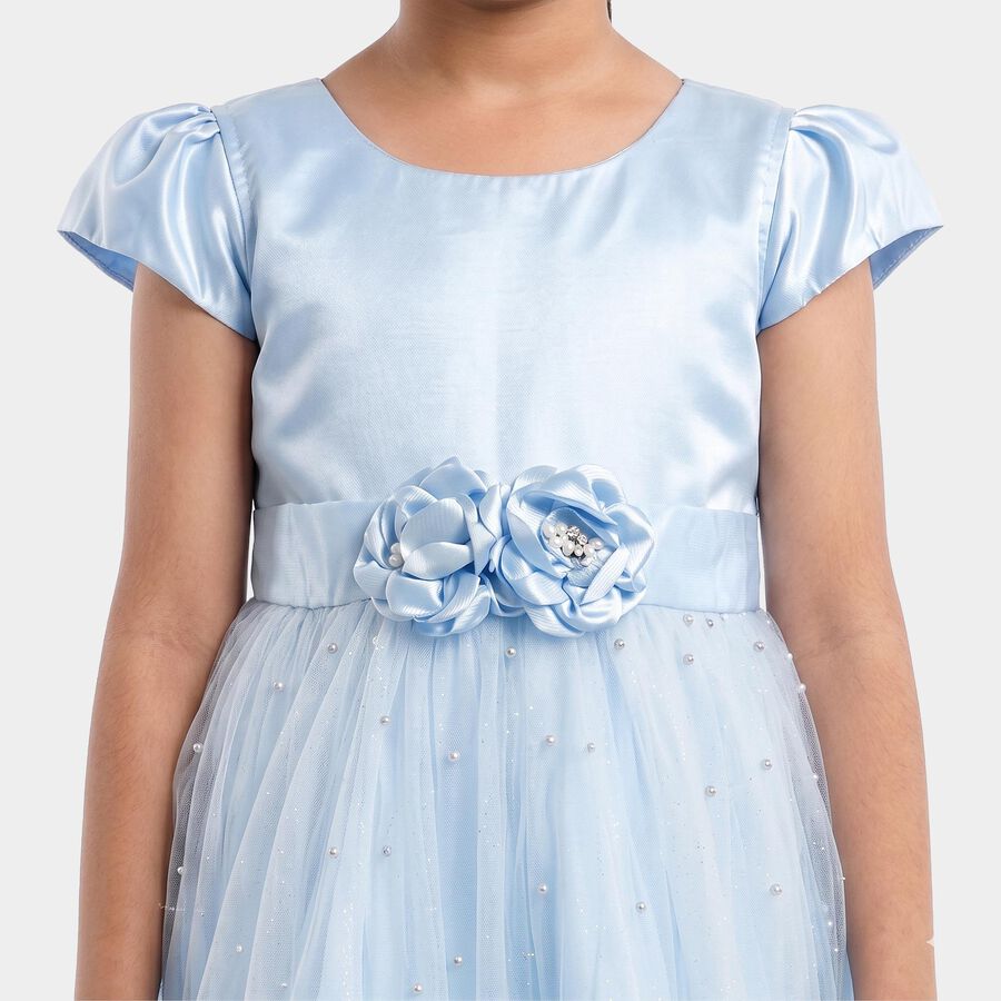 Girls' Light Blue Fit and Flare Rosette Waist Party Wear Frock, हल्का नीला, large