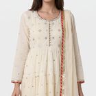 Women's Off White Cotton Round Neck Embellished Anarkali Kurta, ऑफ व्हाइट, small
