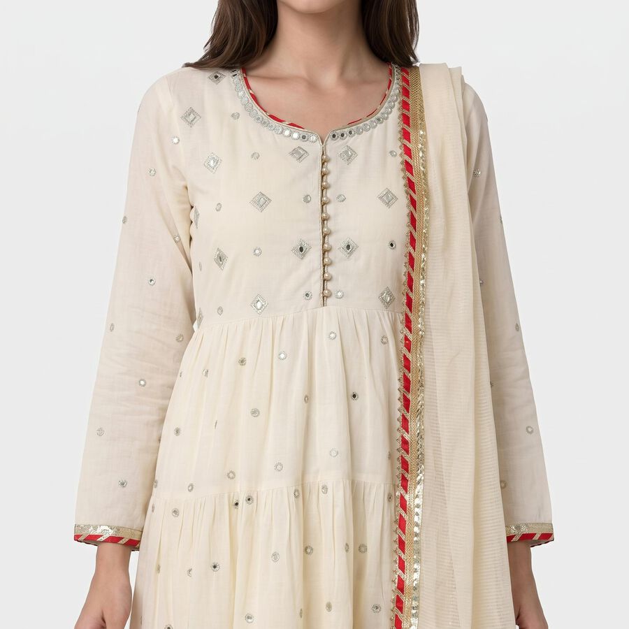 Women's Off White Cotton Round Neck Embellished Anarkali Kurta, ऑफ व्हाइट, large