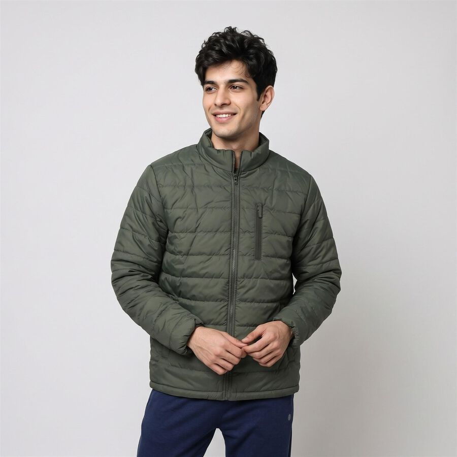 Men's Olive Green Stand Collar Puffer Jacket, Olive, large