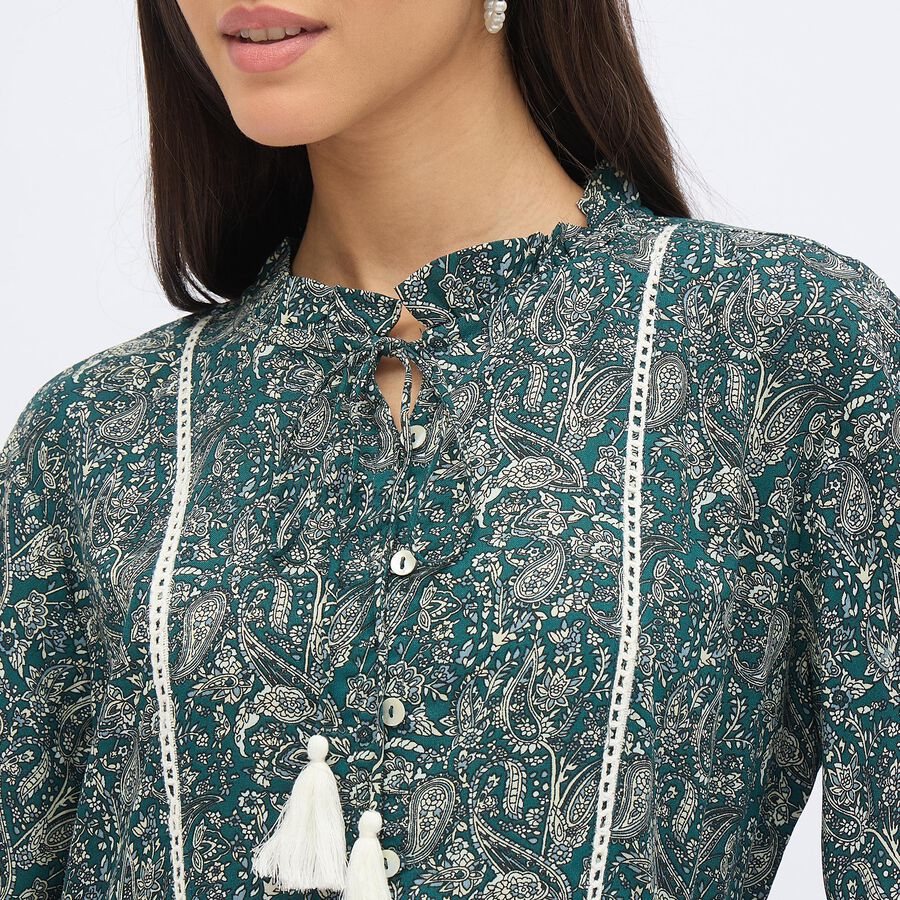 Women's Muted Forest Green Round Neck Bohemian Dress, Dark Green, large image number null