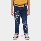 Girls' Navy Blue Slim Fit Embroidered Jeans, गहरा नीला, small