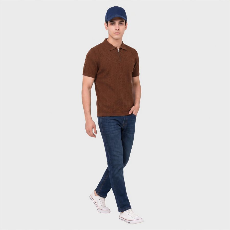 Men's Brown Cotton Polo Neck Solid T-Shirt, भूरा, large