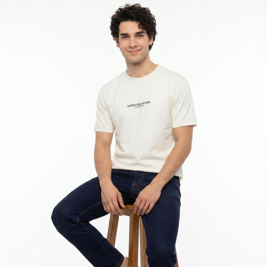 Men's White Round Neck Regular T-Shirt, White, large