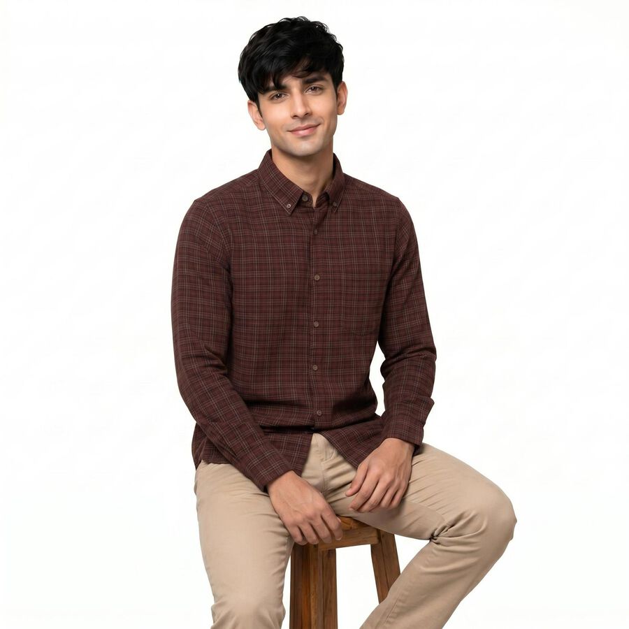 Men's Maroon Cotton Button-Down Collar Regular Fit Casual Shirt, मरून, large