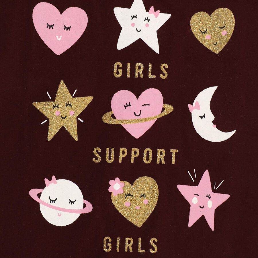 Girls' Burgundy Cotton Round Neck Graphic T-Shirt, Wine, large image number null