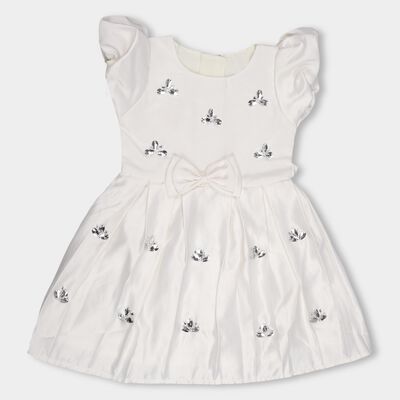 Girls' Ivory Embellished Flared Short Sleeves Frock