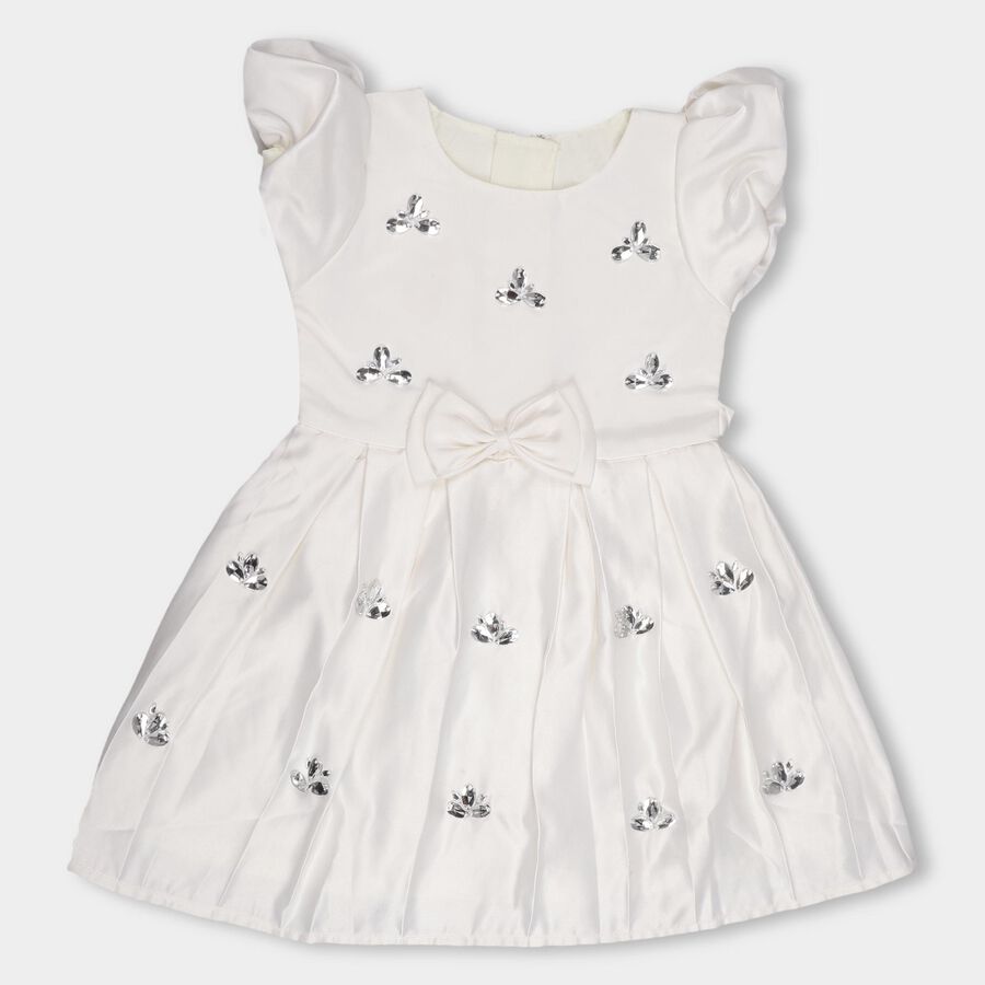 Girls' Ivory Embellished Flared Short Sleeves Frock, Off White, large image number null