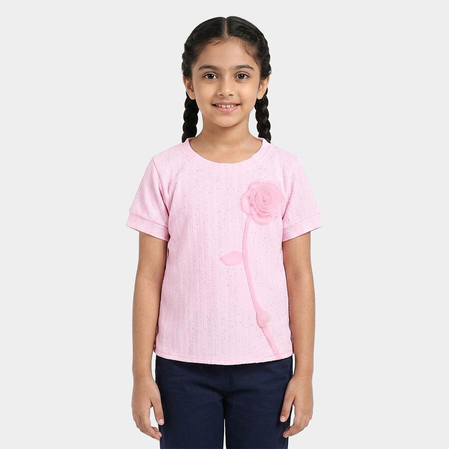 Girls' Pink Round Neck Graphic Printed T-Shirt, Pink, large