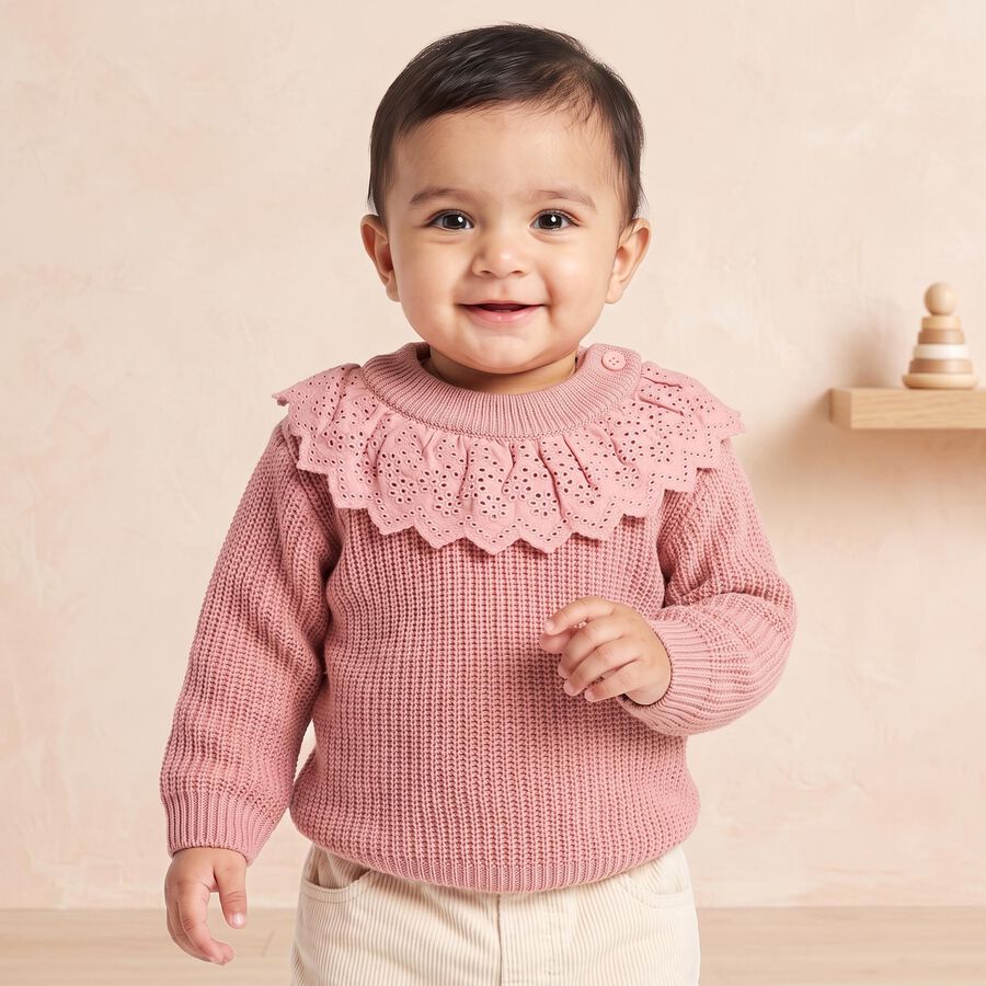 Infants Pink Crew Neck Long Sleeve Pullover, Light Pink, large
