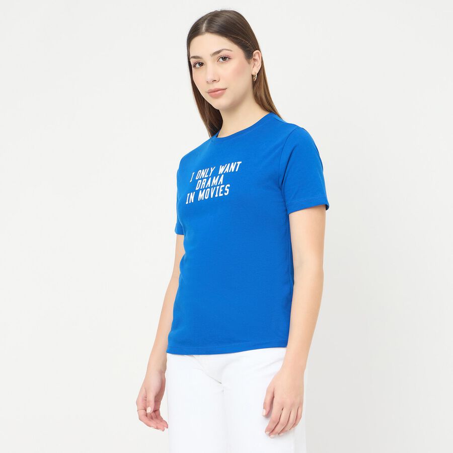 Women's Bright Blue Round Neck Casual T-Shirt, Blue, large