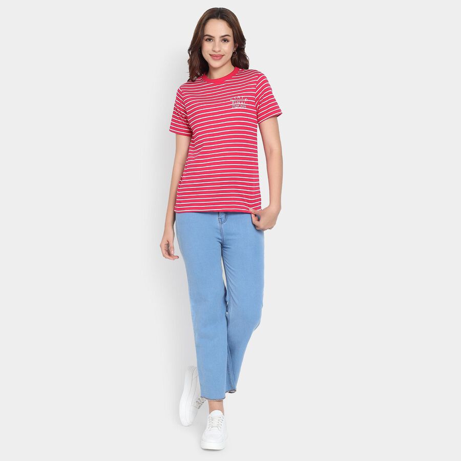 Ladies'  Stripes Round Neck T-Shirt, रानी (फ्यूशिया), large image number null