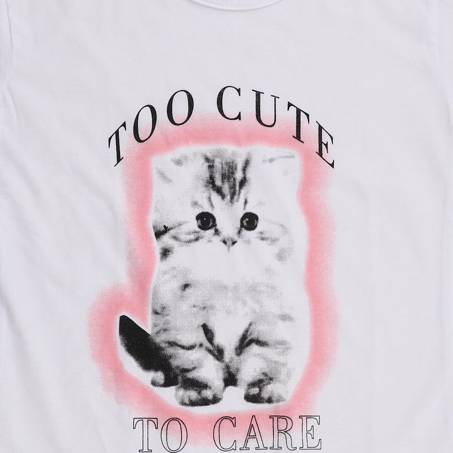 Girls Bright Snow White Cotton Round Neck Casual T-Shirt, सफ़ेद, large image number null