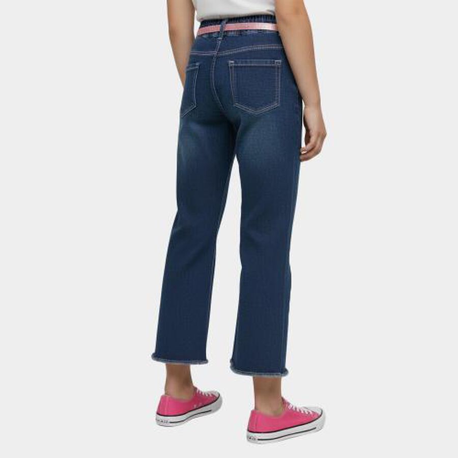 Girls' Dark Indigo Blue Flared Fit Embellished Jeans, Mid Blue, large image number null