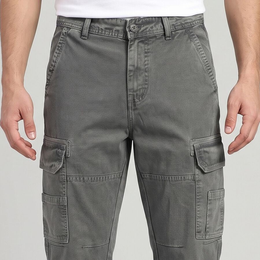 Men's Grey Slim Fit Cargo Trousers, गहरा ग्रे, large