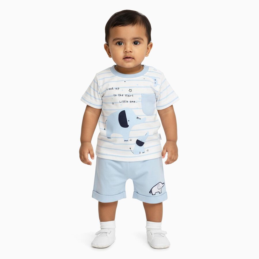 Infants' Light Blue Cotton Round Neck Elephant Printed Baba Suit, Light Blue, large
