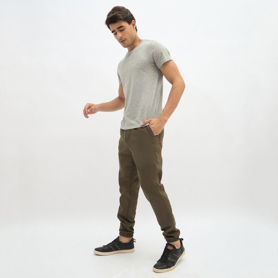 Men's Muted Olive Green Slim Fit Elastic Waist Casual Trousers, Olive, large image number null