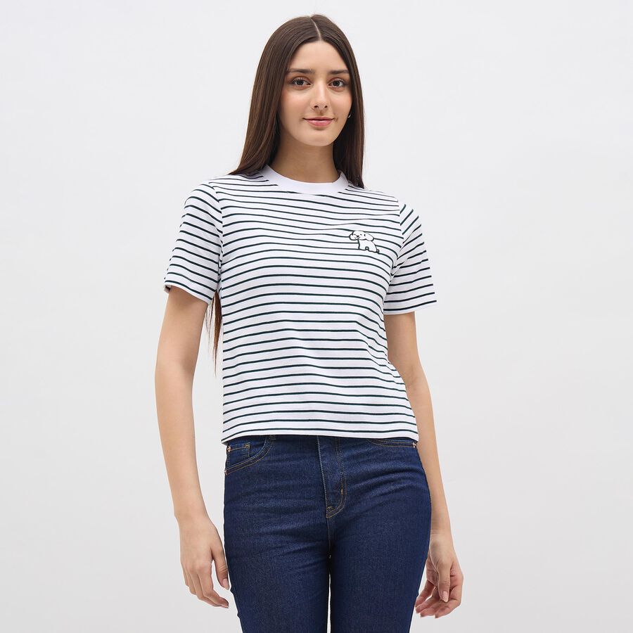 Women's White and Deep Green Cotton Round Neck Casual T-Shirt, Dark Green, large