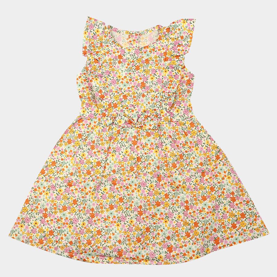 Girls' Beige Floral Printed Fit and Flare Frock, Beige, large