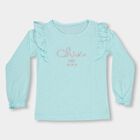 Girls' Light Aqua Blue Round Neck Ruffle Sleeve Glitter Printed Top, एक्वा, small image number null