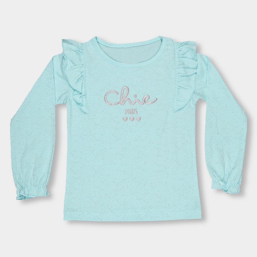 Girls' Light Aqua Blue Round Neck Ruffle Sleeve Glitter Printed Top, एक्वा, large image number null