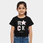 Girls' Black Cotton Round Neck Graphic T-Shirt, Black, small