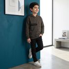 Boys' Charcoal Hoodie Neck Graphic Print Sweatshirt, Charcoal, small