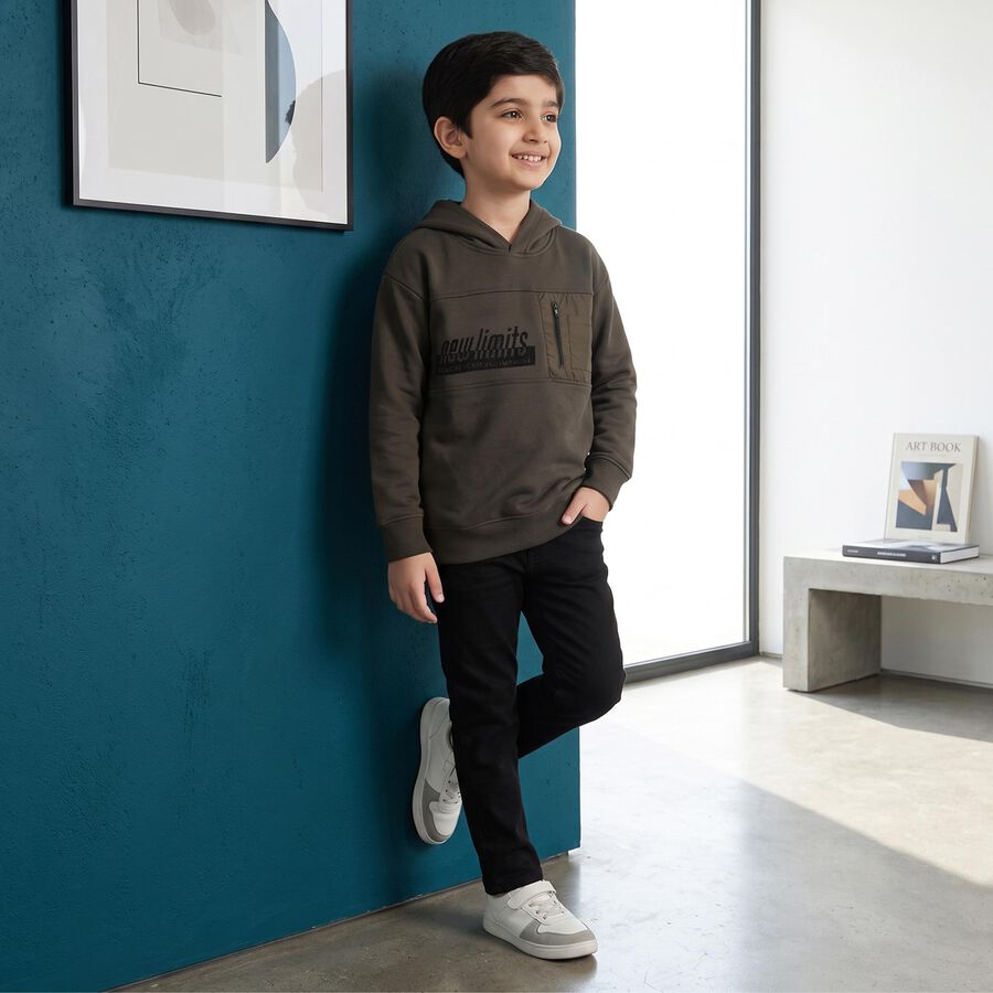 Boys' Charcoal Hoodie Neck Graphic Print Sweatshirt, Charcoal, large